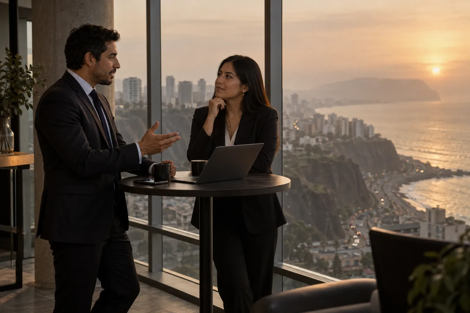 Dos personas conversando en una oficina en Lima